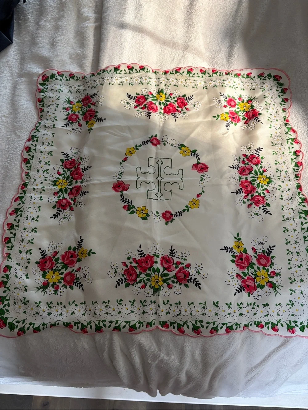 Tory Burch Neckerchief  Floral Square Scarf - Cream with Pink & Yellow Roses